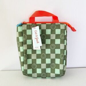 Cat & Jack Lunch Bag‎ Green Checkered Smiley Face Orange Handle NWT